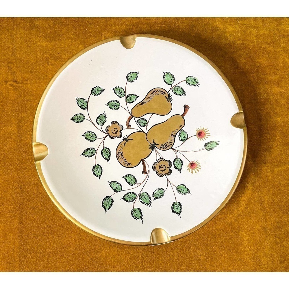 Mcm Ceramic Ashtray Large Hand-painted White Gold Pears Floral Italy Vintage